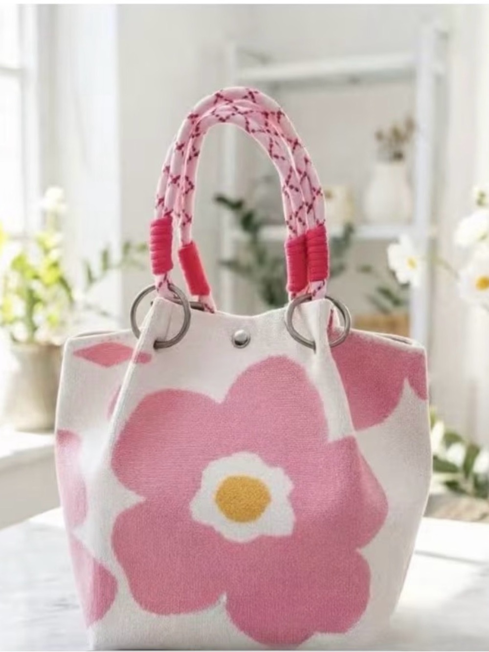 Pink Floral Tote Bag with Braided Handles